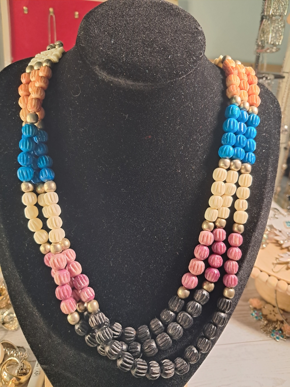 Vintage Multicolor Carved Bone Statement Necklace Boho Tribal J-10